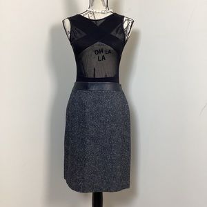 .112 Kate Hill Women’s Black Grey Wool Tweed Aline Mini Skirt Leather Waistband